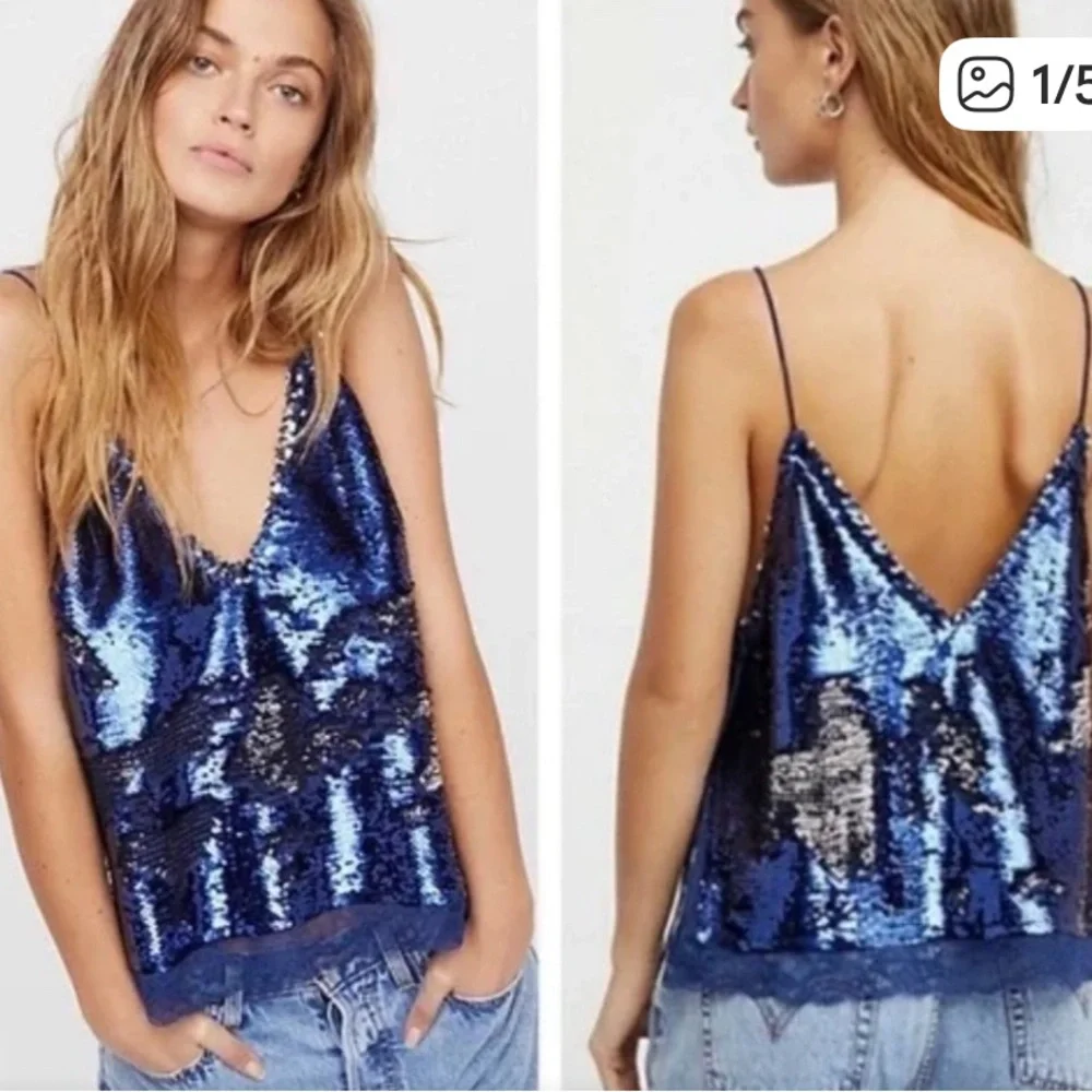 Free People Reversible Blue Silver Sequin Tank Top Small Lace Trim Party